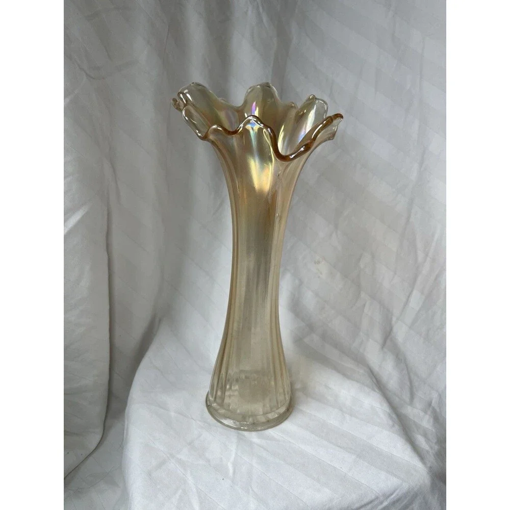 Iridescent Carnival Glass Vase, Ruffled Edge, Clear Gold, ~12 in Tall
